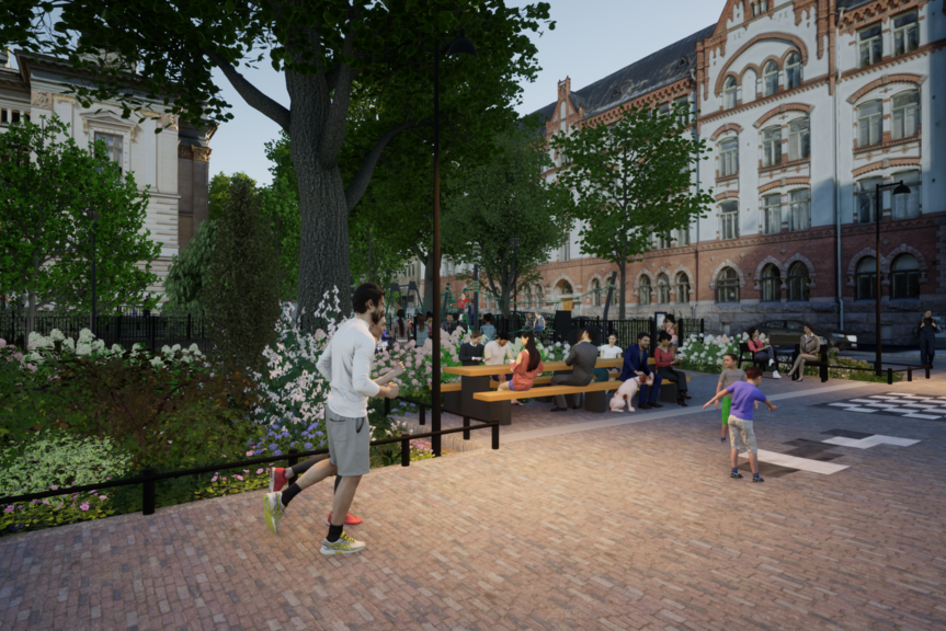 Havainnekuvassa on lenkkeilijöitä ja lapsia leikkimässä kadulla. Taustalla näkyy iso istutusalue.