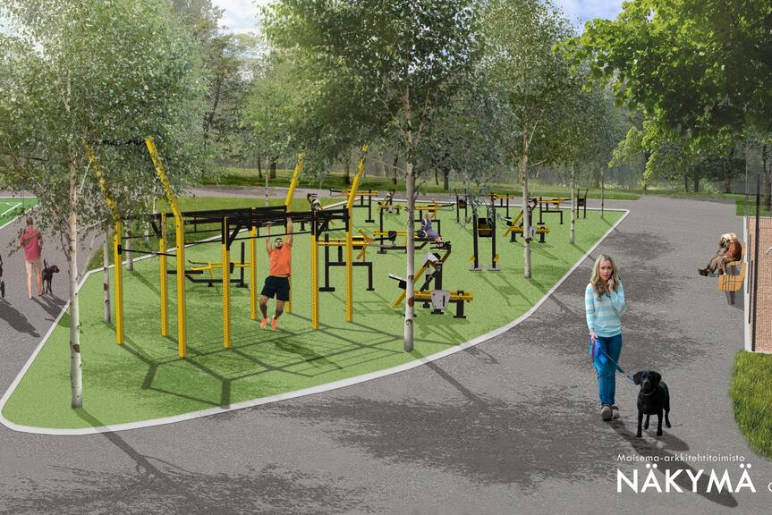 Illustrative image of the exercise facility of the new sports park. Photo: Maisema-arkkitehtitoimisto Näkymä Oy