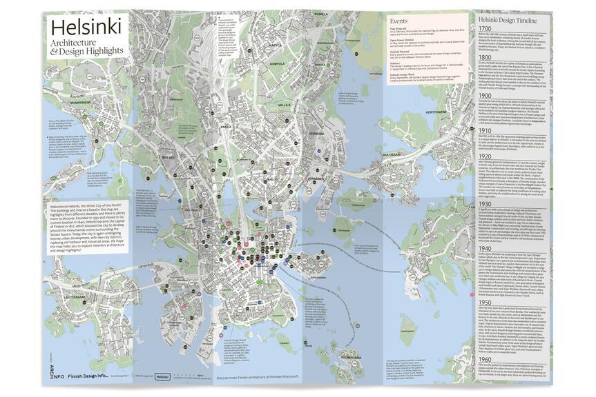 Helsinki Architecture & Design Highlights features a hundred architecture and design sites. The map is designed by the visual designer Sofia Pusa. Photo: Miina Jutila