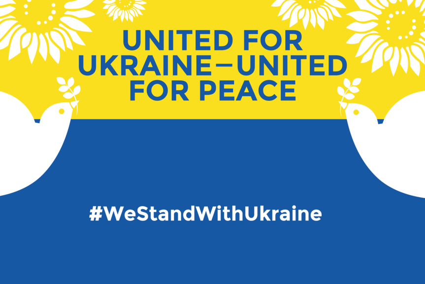 Det finns två duvor och solrosor i UNITED FOR UKRAINE - UNITED FOR PEACE -evenemangsmärke