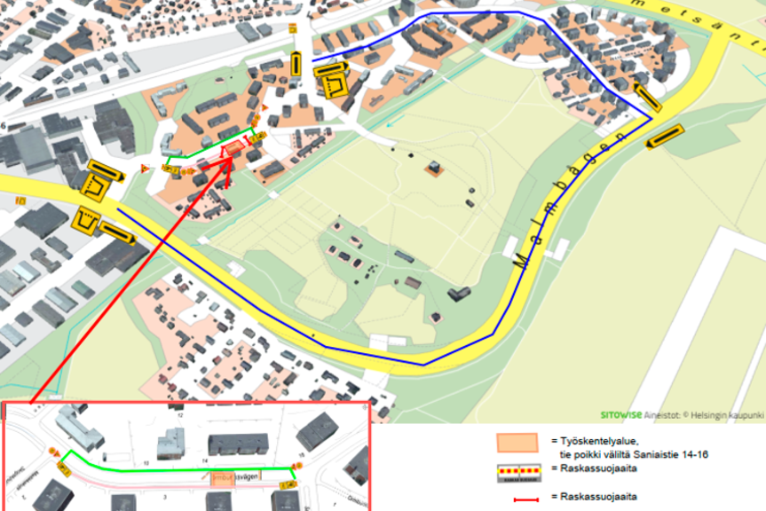 Kiertoreittijärjestely kartalla. Kuva: Helsingin kaupunki