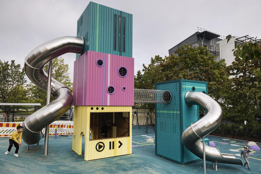 The highlight of the play area are the colorful and themed play equipment. Photo: Roni Rekomaa