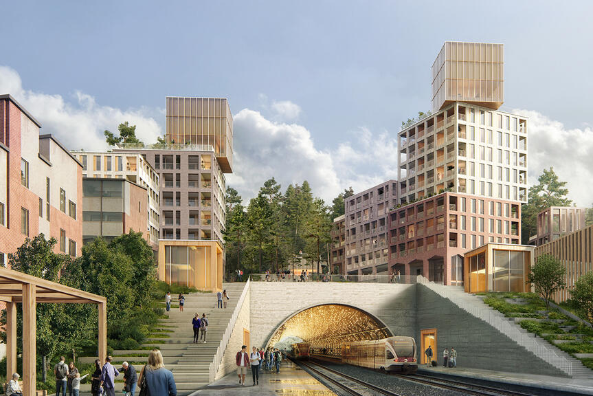 Uusia kerrostaloja Malminkartanon juna-aseman yläpuolella Kartanonmetsässä.