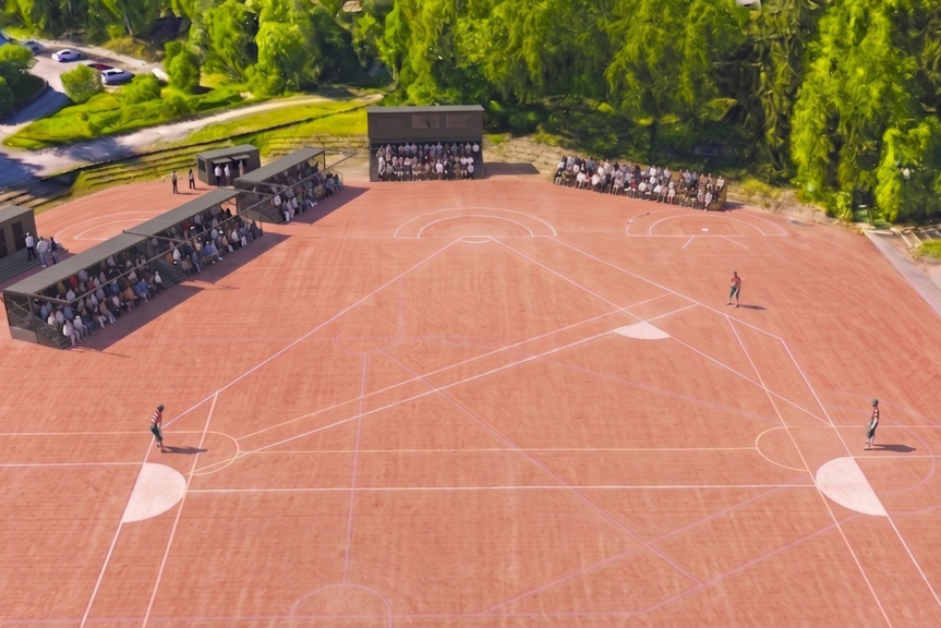 Havainnekuva Meilahden pesäpallokentän uusista katsomorakenteista.