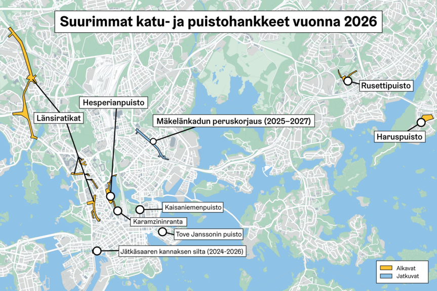 Suurimmat katu- ja puistohankkeet vuonna 2026 kartalla.