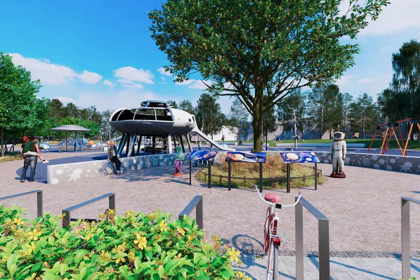 Havainnekuvassa leikkipaikan avaruusaiheisia leikkivälineitä.