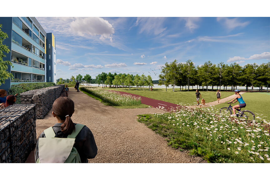 Lapsi kävelee hiekkatietä ja pyöräilijä kulkee omalla reitillään.