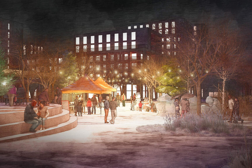 Digitaalisesti tehty kuva puistosta, jonka taustalla näkyy kerrostaloja.