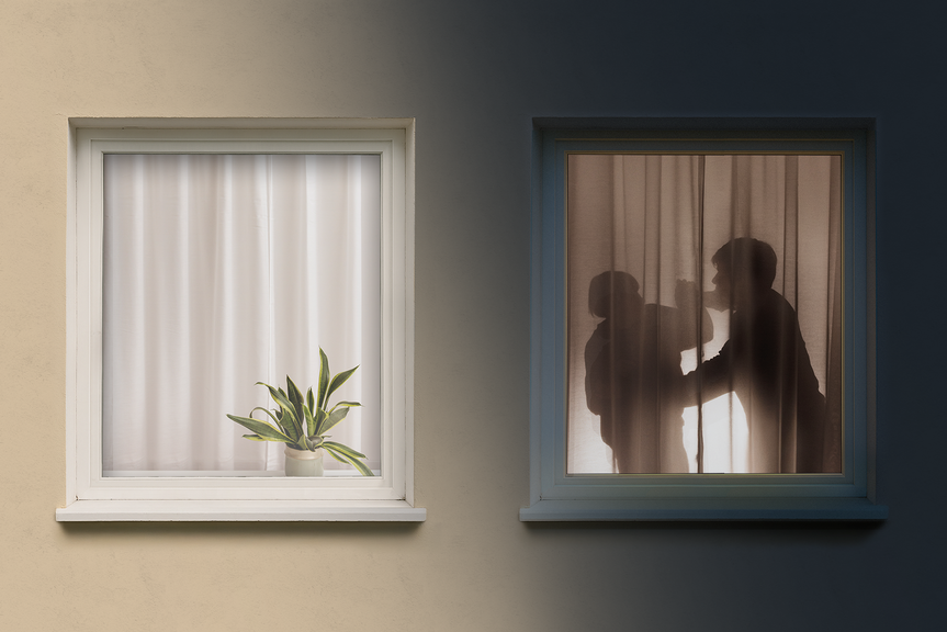 Kaksi vierekkäistä ikkunaa, joista toisessa on verhot kiinni ja toisessa ikkunassa näkyy verhojen takaa kaksi riitelevää hahmoa.