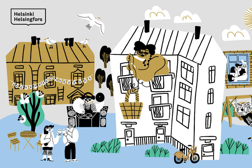 Piirroskuva erilaisista taloista ja niiden asukkaista.