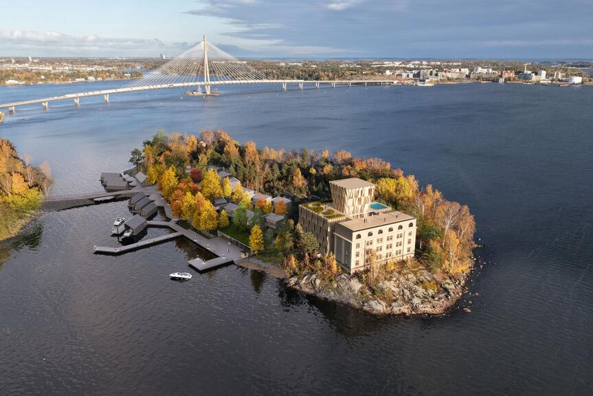 Alustava havainnekuva Hylkysaaren tulevasta rakentamisesta. Vanha luotsiasema on etualalla.