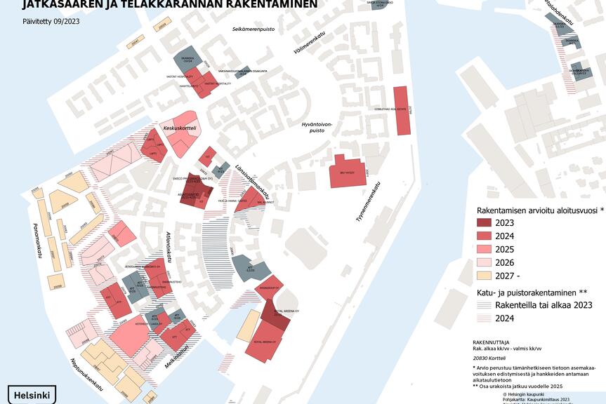 Jätkäsaaren rakentamisaikataulut esitettynä kartalla.