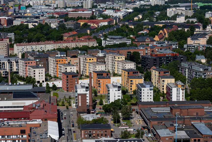 Helsingin kaupunkikuvaa ylhäältä kuvattuna.