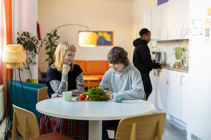 Työntekijä juttelee nuoren kanssa pöydän ääressä.