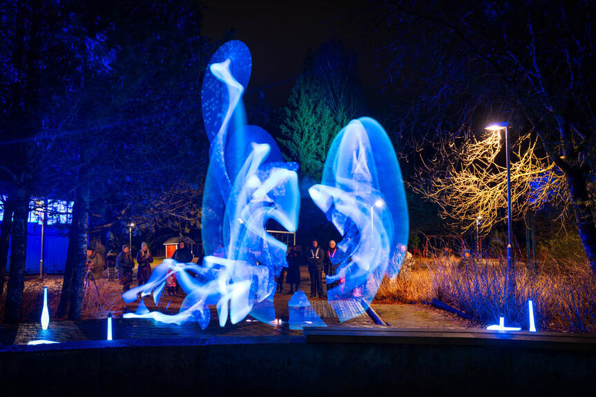 Pimeässä illassa otettu kuva, jossa värillisiä valoja ja liikettä.