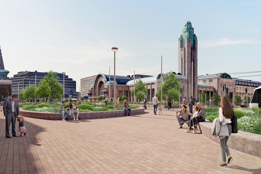 Havainnekuva ihmisistä Ateneumin edustalla.