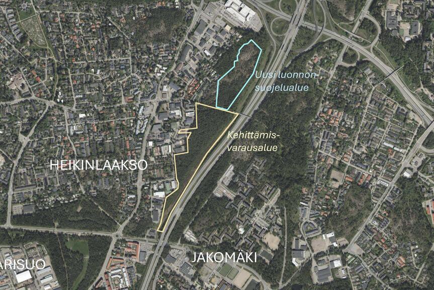 Kehittämisvarausalue ja tuleva luonnonsuojelualue esitettynä kartalla.