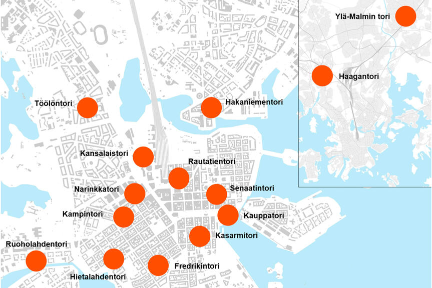 Kartta kehitettävien torien sijainnista Helsingissä.