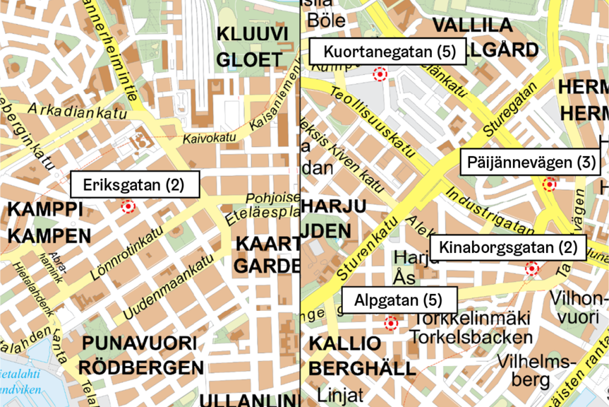 Gatorna som kommer att få nya planteringsområden. I parentes antalet parkeringsplatser som kommer att försvinna. Eriksgatan (2) Alpgatan (5) Kinaborgsgatan (2) Päijännevägen (3) Kuortanegatan (5)