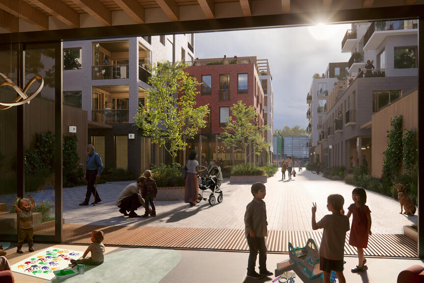 Havainnekuvassa ihmisiä aurinkoisessa katunäkymässä Vuosaaren Kulttuurikorttelissa.