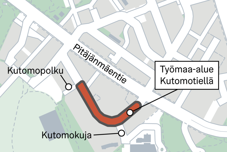 Kartta työmaa-alueesta Kutomotiellä.