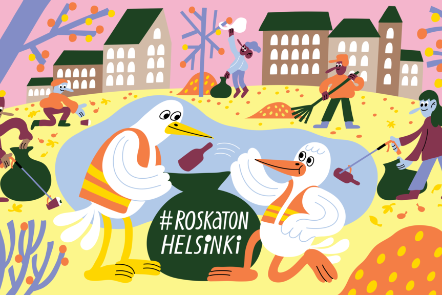 Piirroskuvitus, jossa ihmiset ja lokit keräävät roskia.