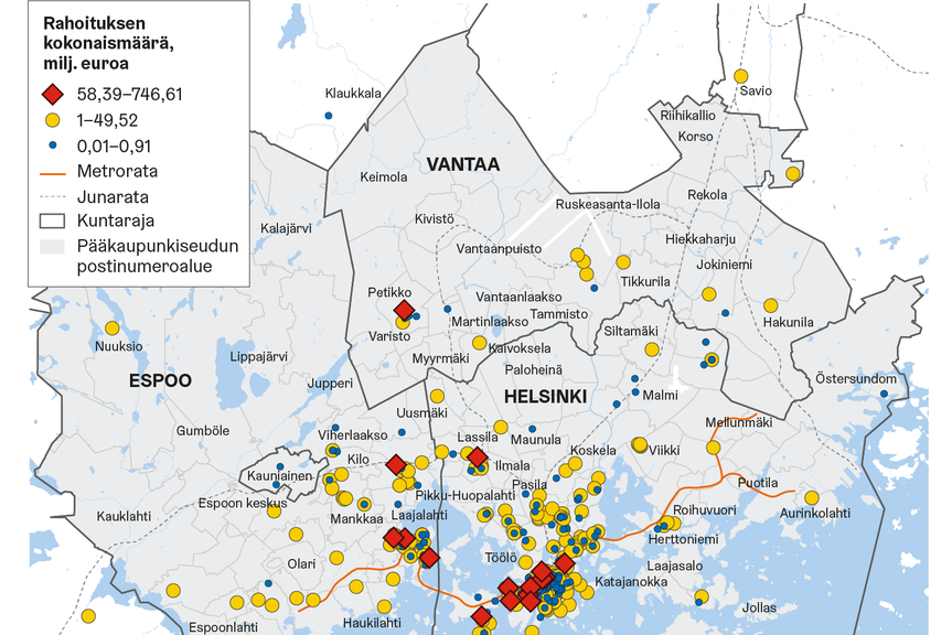 Kartalla pääomasijoitusta vuosina 2013-2023 saaneiden yritysten toimipaikat pääkaupunkiseudulla