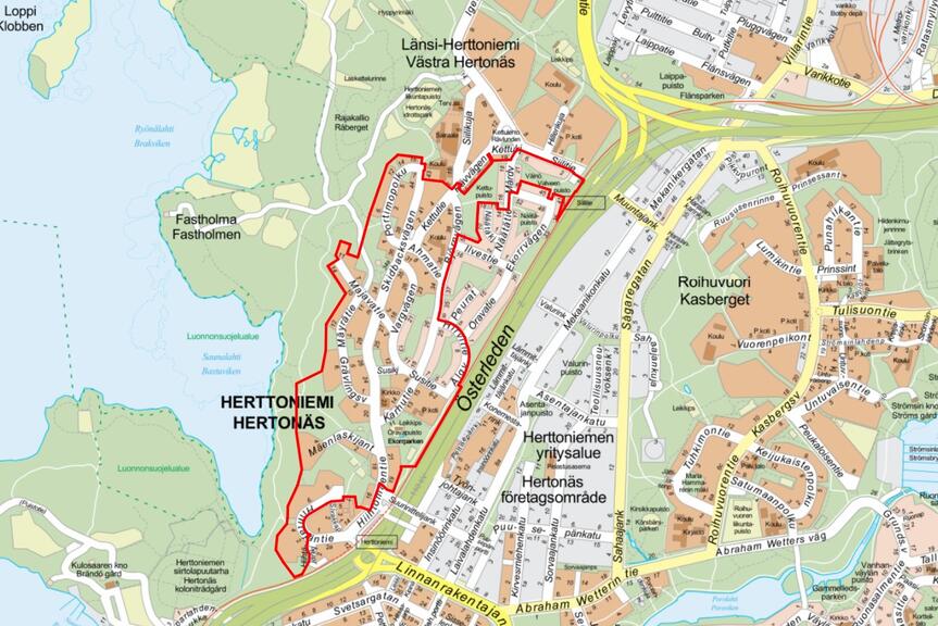 Kartta, johon on merkitty asemakaavoitettava alue Länsi-Herttoniemessä.