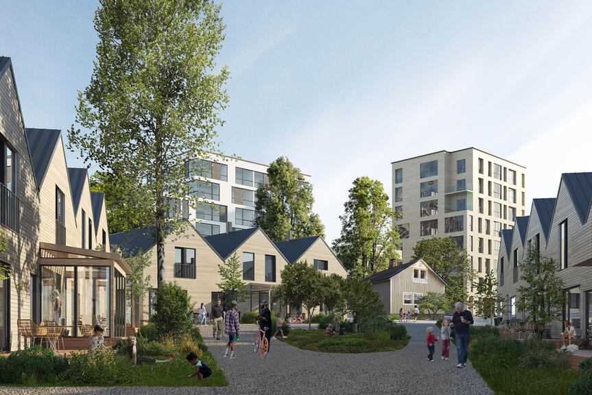 Havainnekuva Lentoasemankorttelien korttelipihasta.