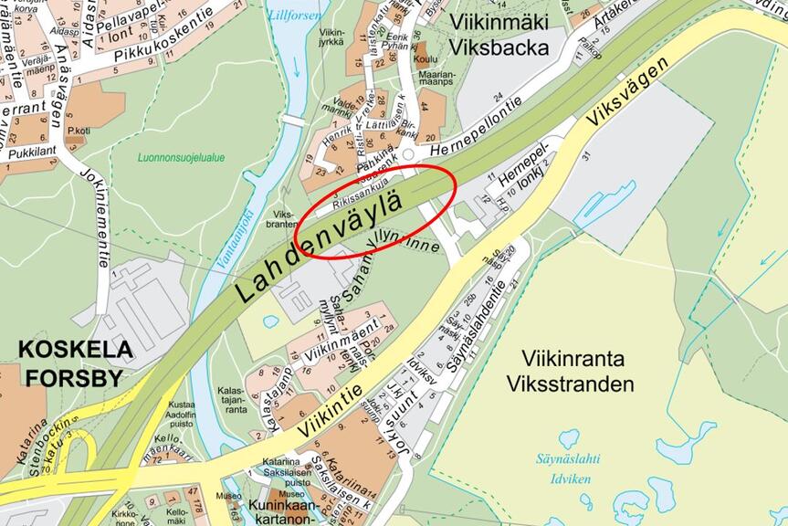 Liikennekatkosten kohta kartalla.