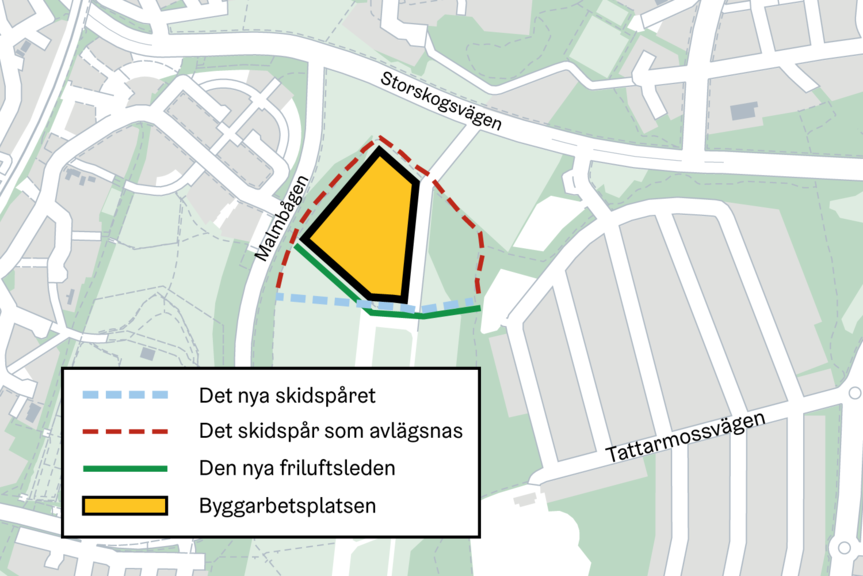Karta över arbetsområdet och friluftsleden.