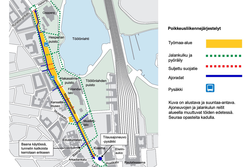 Kartalla kuvattu Mannerheimintien peruskorjauksen reittejä vaiheen 1 alussa.