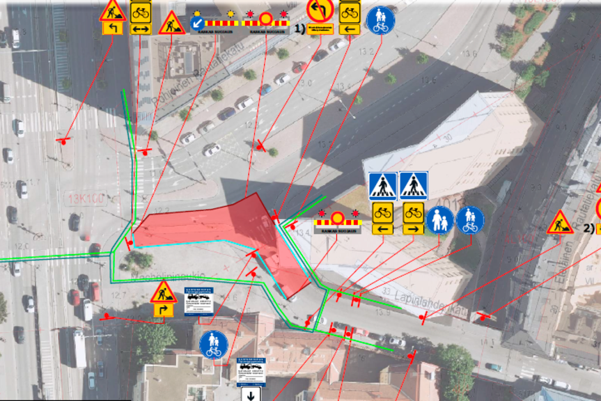Ilmakuvaan merkattuna työmaa-alue sekä liikennejärjestelyjä.