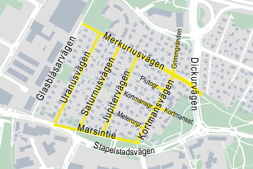 De gatuområden som ska renoveras är markerade med gult på kartan.