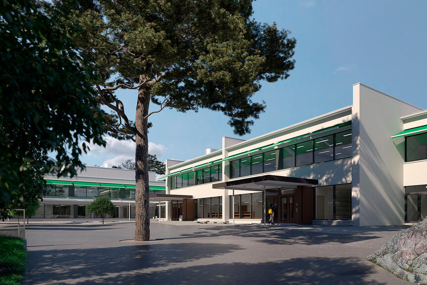 Havainnekuva koulusta perusparannuksen jälkeen.