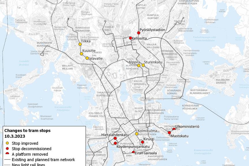 Tram stop arrangements on a map.