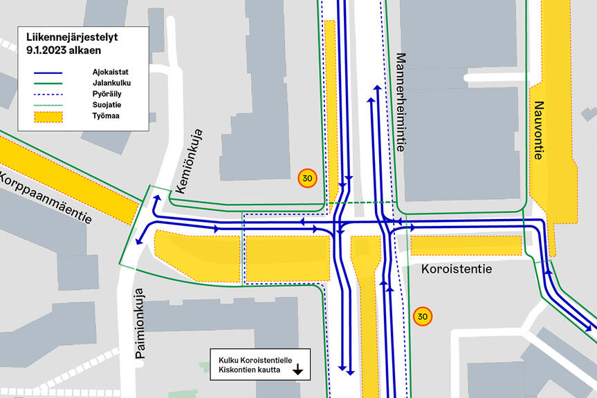 Liikennejärjestelyt Mannerheimintiellä muuttuvat 9.1.2023 alkaen.