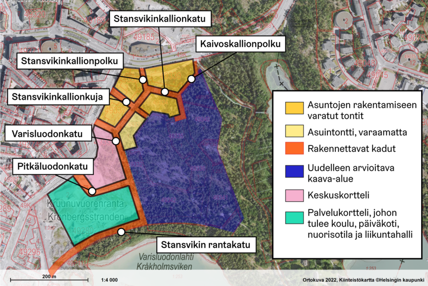 Kartta alueesta. Siihen merkitty rakennettavat kadut, tontit ja uudelleen arvioitava kaava-alue.