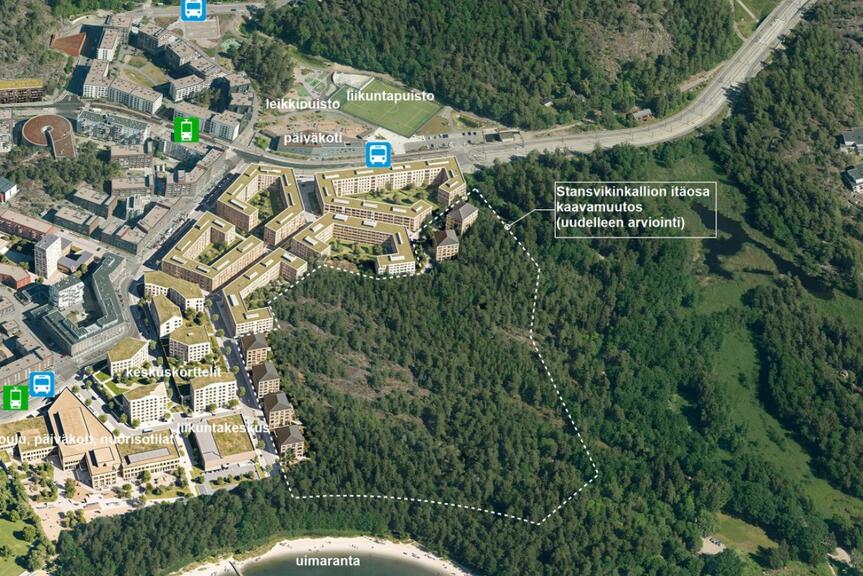 Ilmakuva, johon on merkitty kaavaluonnoksen alue ja palveluiden sijainteja.