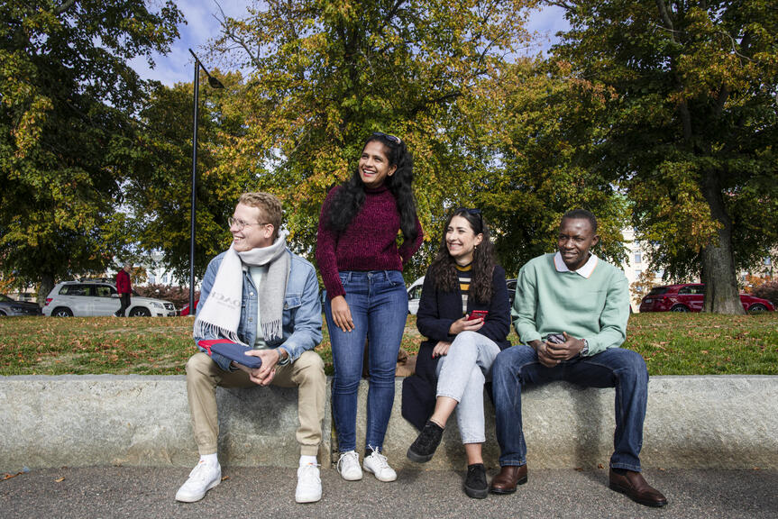 In the picture, four happy people are sitting side by side on a wall. They are all looking to the left and smiling.