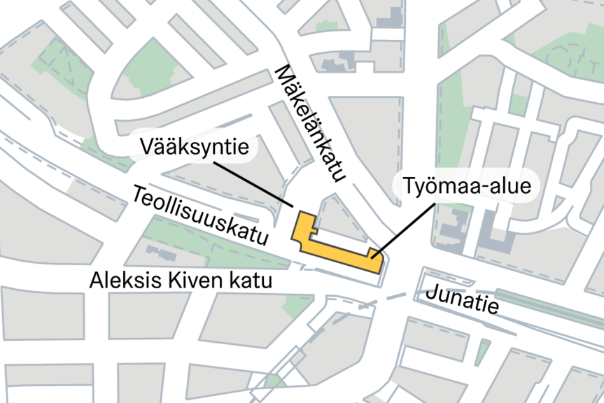 Kartta vesihuoltourakan työmaasta Teollisuuskadulla.