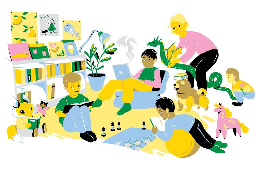 Piirroskuva lapsista lukemassa. 