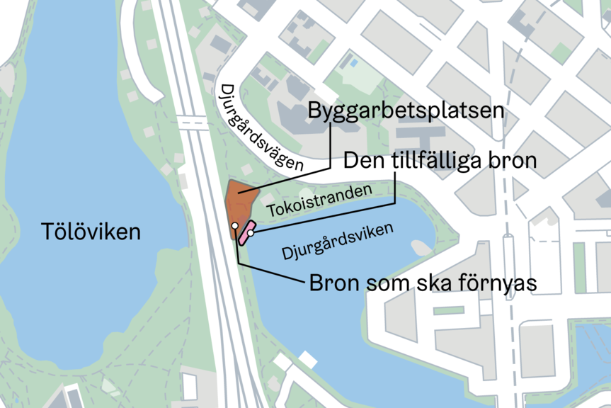 Karta över arbetsområdet och den tillfälliga bron. 