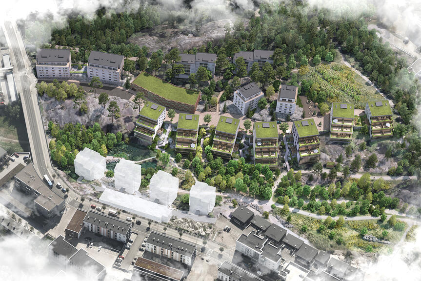 Havainnekuva uusista kerrostaloista.