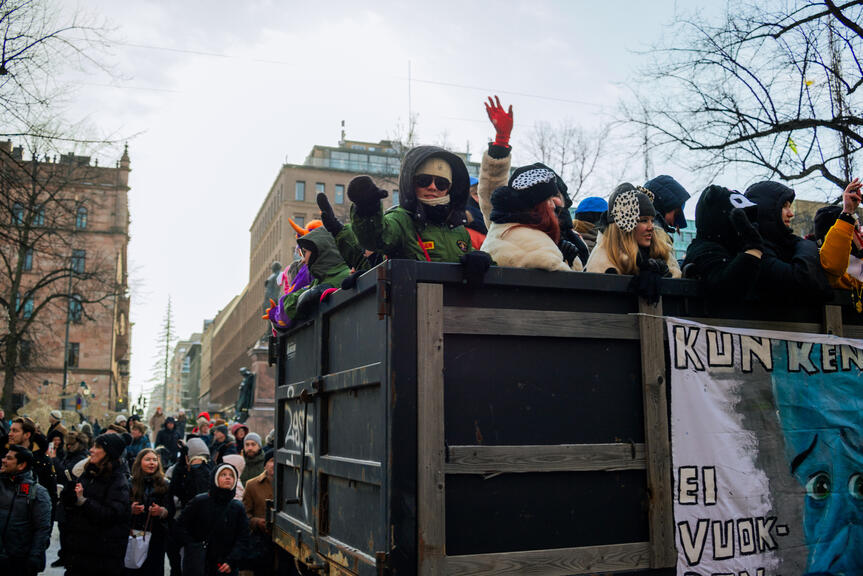 Students riding a lorry in the lorry parade in central Helsinki.