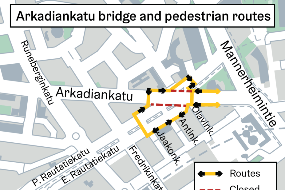 A temporary bridge for pedestrians will be built on the east side of Arkadiankatu over the Baana. 