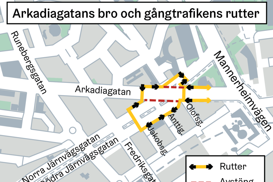 En tillfällig bro för fotgängare byggs över Banan öster om Arkadiagatan.