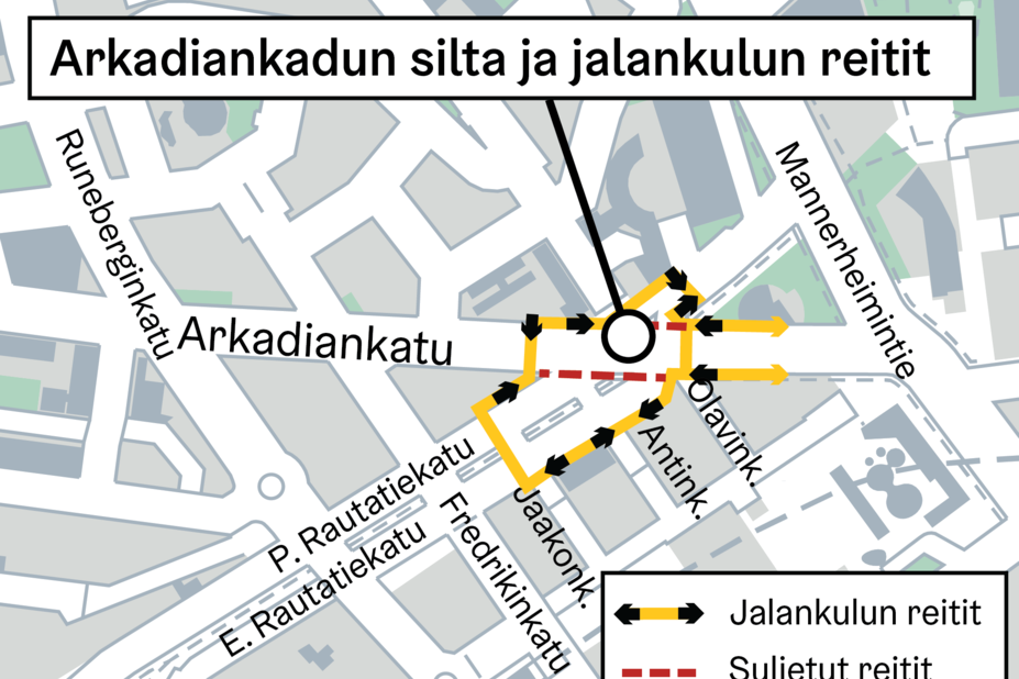 Jalankulkijoille rakennetaan väliaikainen silta Arkadiankadun itäpuolelle Baanan yli.