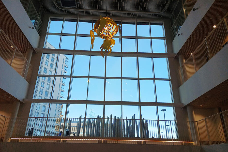 Suuret ikkunat ja komsiopallo.