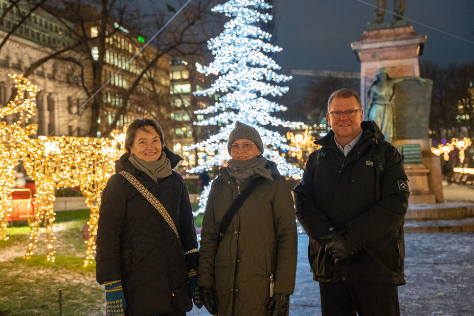 Ihmisiä Esplanadin puistossa, taustalla jouluvalot.